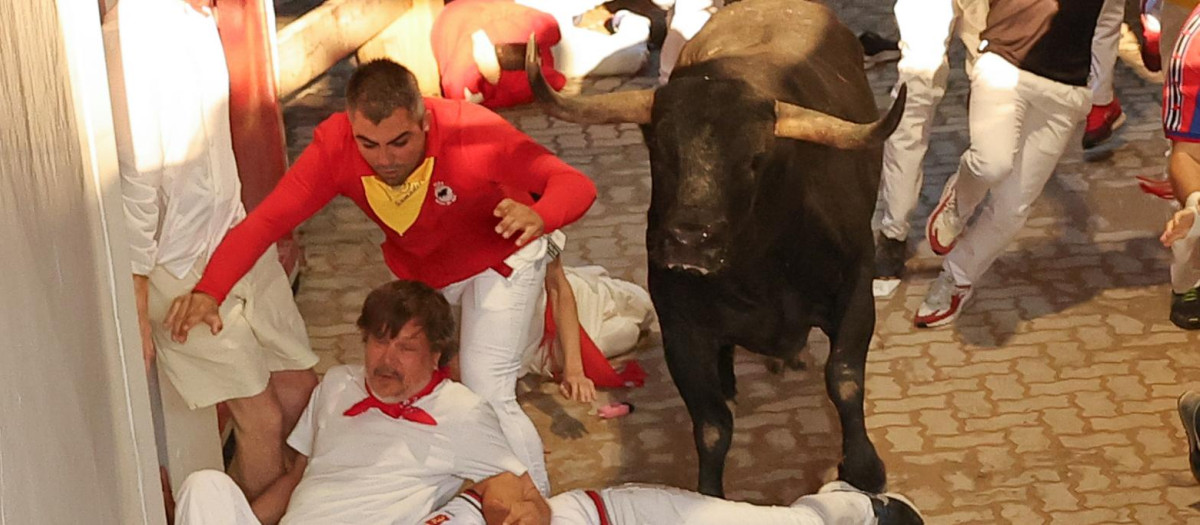 Varios mozos caen al paso de los toros de la ganadería sevillana de Miura