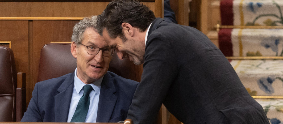 El presidente del PP, Alberto Núñez Feijóo (i) y el portavoz y vicesecretario de Cultura del PP, Borja Sémper,