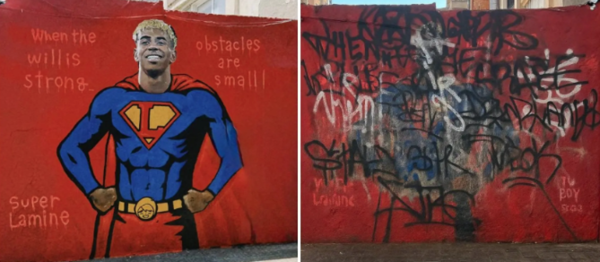 Imagen del mural de Lamine Yamal en Barcelona, antes y después