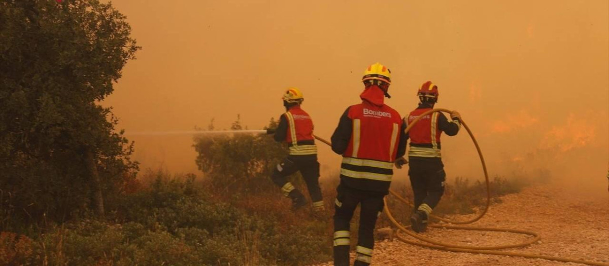 Bomberos tratando de extinguir el incendio forestal de Ibi (Alicante)