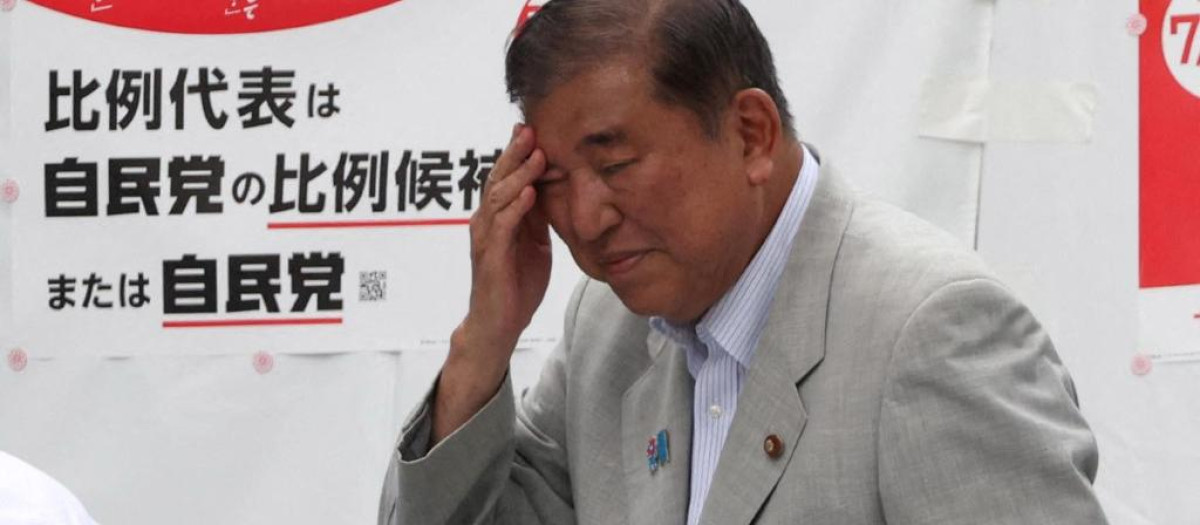 Japanese Prime Minister Shigeru Ishiba attends a speech in support of candidates in the House of Councillors election in Osaka City, Osaka Prefecture, Japan, on July 16, 2025. ( The Yomiuri Shimbun ) (Photo by Takanobu Sawano / The Yomiuri Shimbun via AFP)