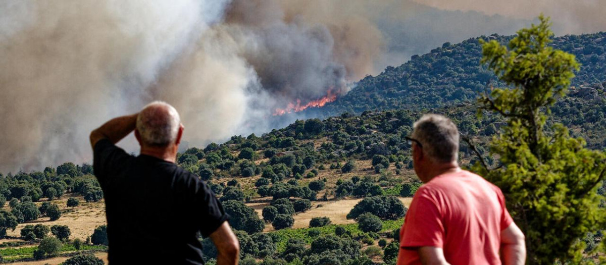 Un grupo contempla un incendio forestal declarado en el término municipal de Navaluenga (Ávila)