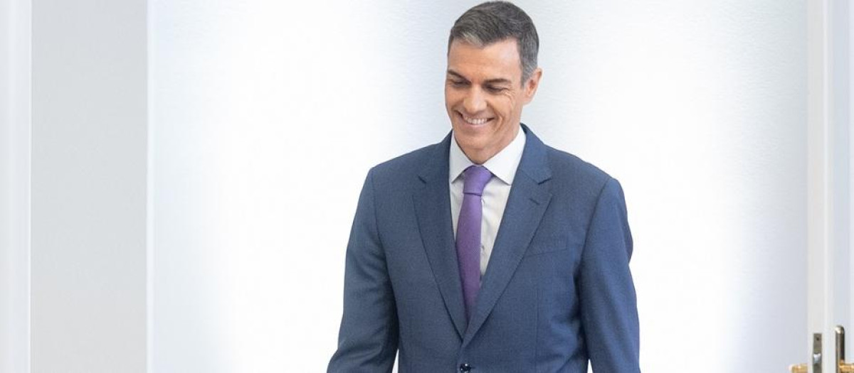Imagen de Pedro Sánchez tomada este lunes en el Palacio de La Moncloa durante la rueda de prensa de balance del curso político