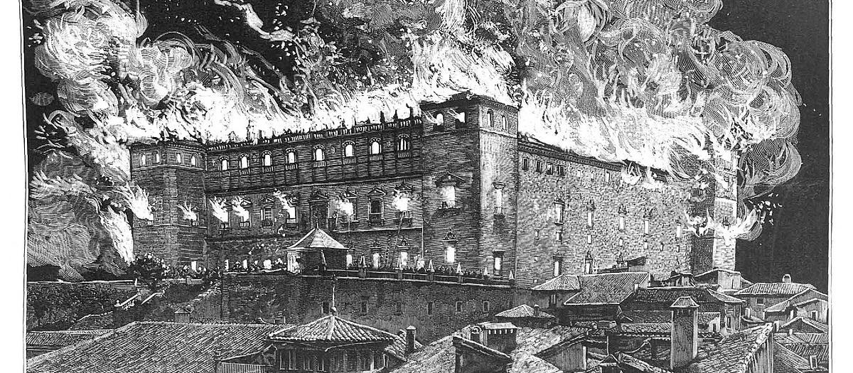 Ilustración del incendio del Alcázar el 15 de enero de 1887