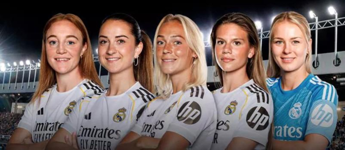 Holmgaard (1ª izquierda), Däbritz, Bennison, Andersson, Frohms (1ª derecha) son los fichajes que ha hecho hasta el momento el Real Madrid femenino