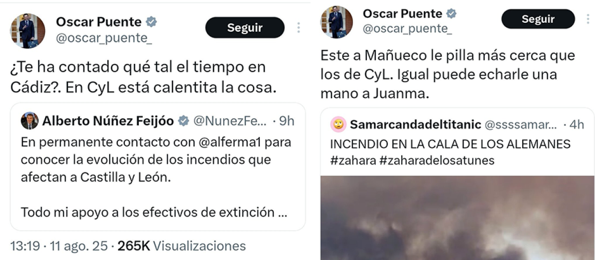 Tuits de Óscar Puente sobre los incendios en España