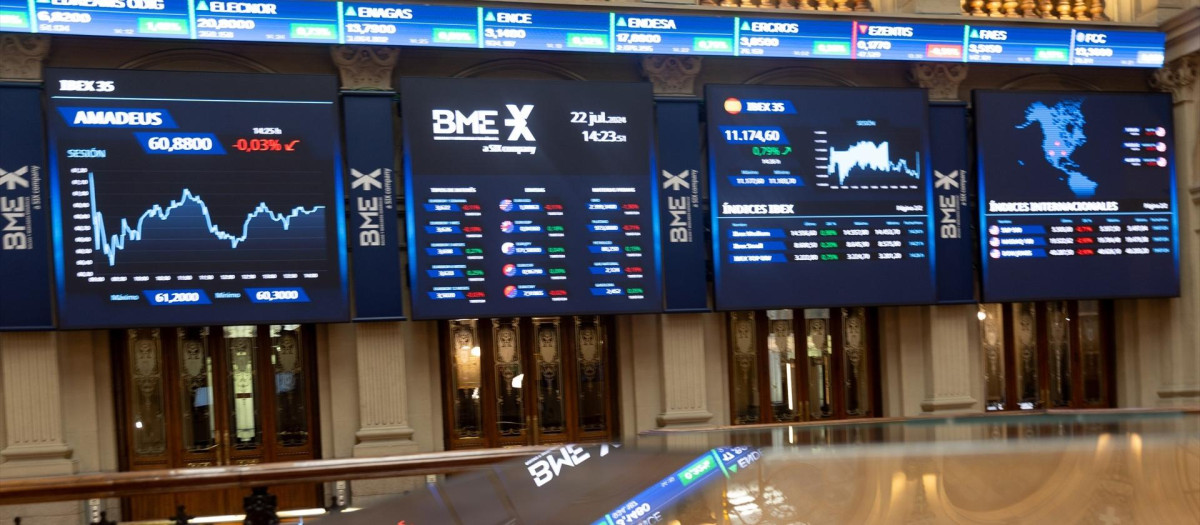 Un panel del Ibex 35, en el Palacio de la Bolsa de Madrid.