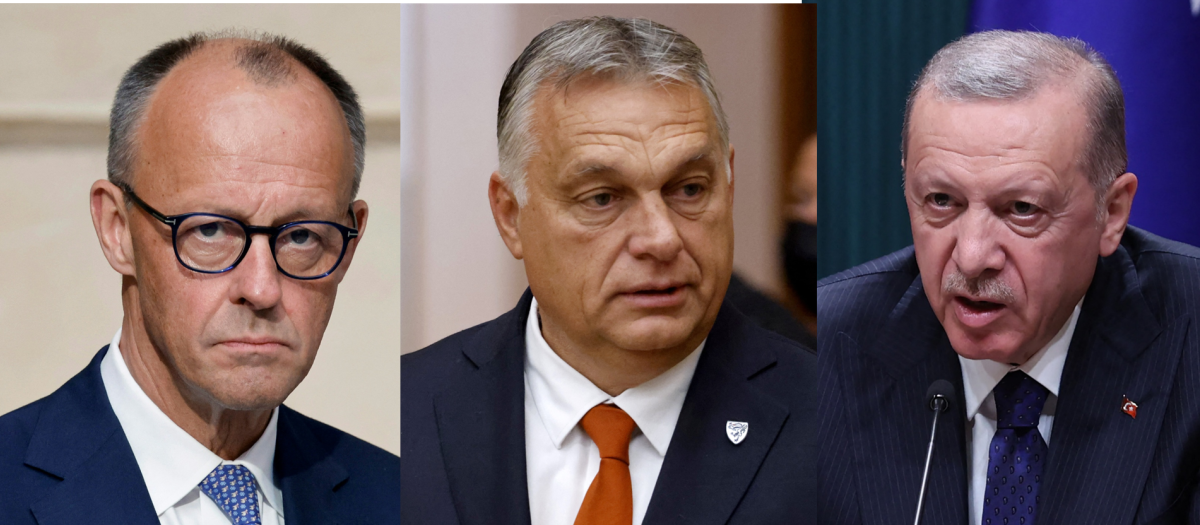 El canciller alemán Friedrich Merz, el primer ministro húngaro Viktor Orbán y el presidente de Turquía, Recep Erdogan