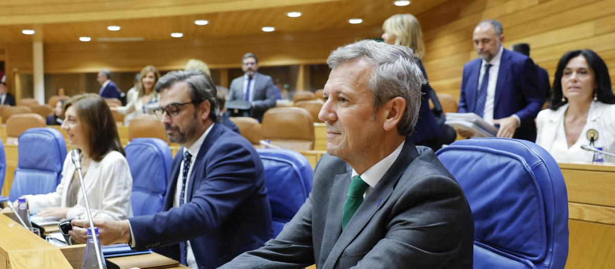 Alfonso Rueda, durante el pleno en el Parlamento de Galicia este martes