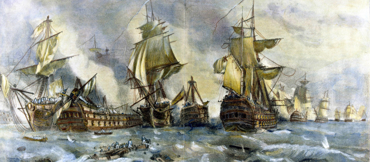 Grabado que representa la batalla de Trafalgar