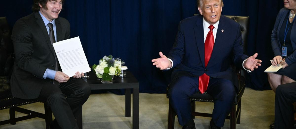 US President Donald Trump holds a bilateral meeting with Argentinian President Javier Milei (L) on the sidelines of the United Nations General Assembly in New York City on September 23, 2025. (Photo by Brendan SMIALOWSKI / AFP)