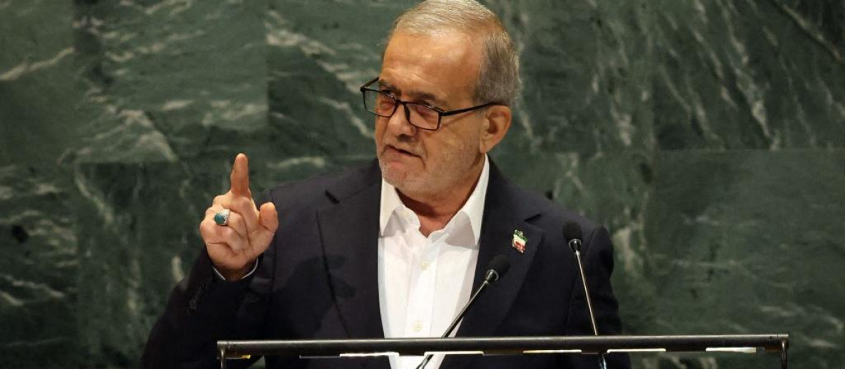 NEW YORK, NEW YORK - SEPTEMBER 24: President of Iran Masoud Pezeshkian addresses the United Nations (UN) General Assembly during the 80th session of the annual event on September 24, 2025, in New York City. This years theme for the annual global meeting is Better together: 80 years and more for peace, development, and human rights. Gaza and Ukraine are just two of the global emergencies that world leaders will focus on.   Spencer Platt/Getty Images/AFP (Photo by SPENCER PLATT / GETTY IMAGES NORTH AMERICA / Getty Images via AFP)