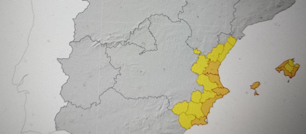Imagen del último mapa con avisos publicado por la Aemet