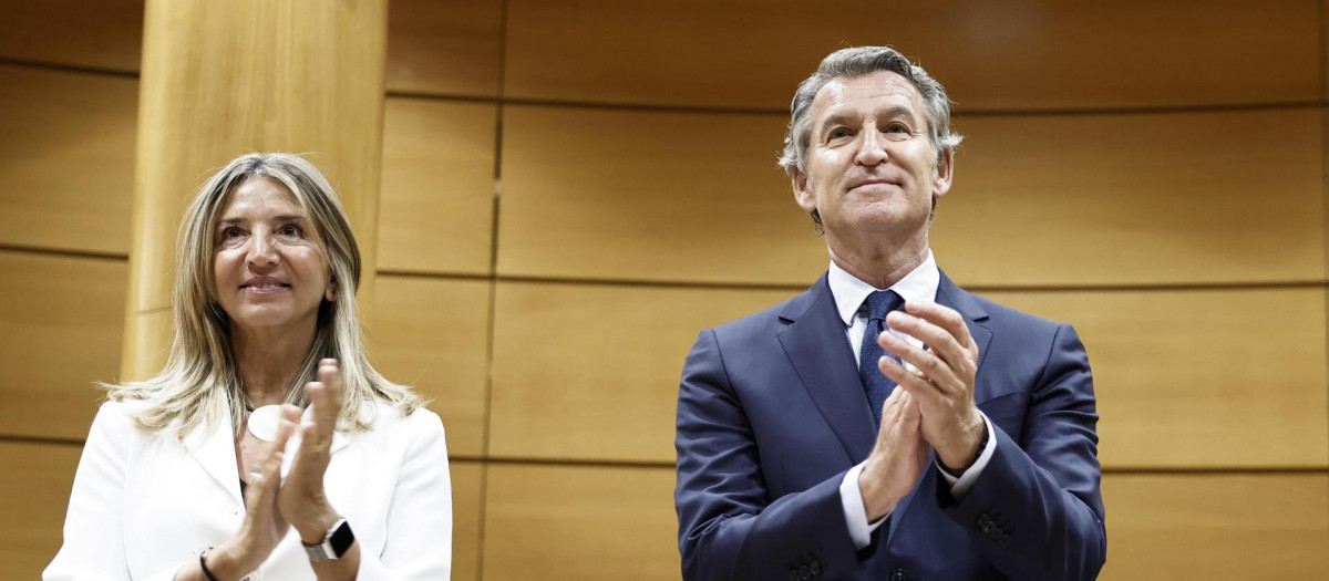 El líder del PP, Alberto Núñez Feijóo junto a la portavoz del PP en el Senado, Alicia García