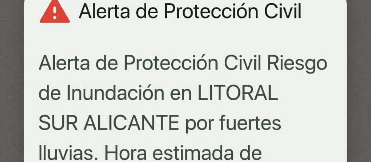 Es-Alert enviado por la Generalitat Valenciana a los ciudadanos de Alicante