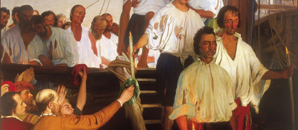 Cuadro El regreso a Sevilla de Juan Sebastián de Elcano tras la primera circunnavegación del mundo (8 de septiembre de 1522) por Elías Salaverría en 1919