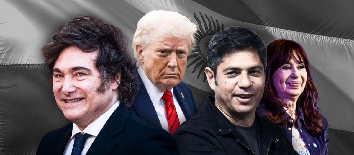 De izquierda a derecha, Javier Milei, Donald Trump, Axel Kicillof y Cristina Fernández