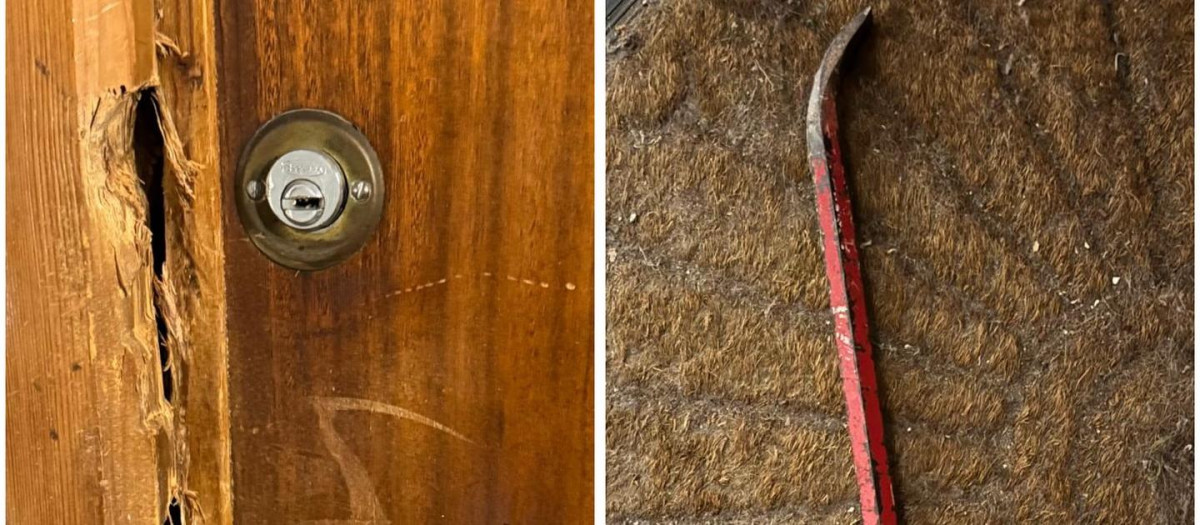 Imagen de la puerta allanada en Meliana (Valencia)