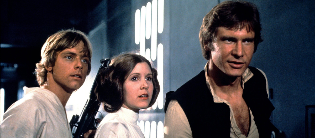 Mark Hamill, Carrie Fisher, Harrison Ford en un fotograma de Star Wars