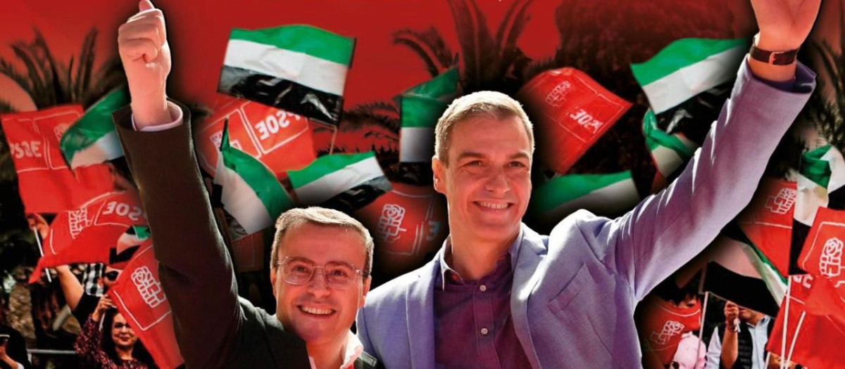 Sánchez con el procesado Gallardo, en el cartel del pistoletazo de salida de la precampaña socialista en Extremadura