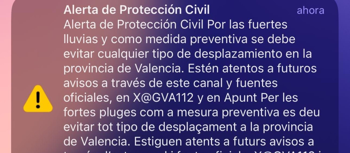 Imagen de archivo del Es-Alert enviado a los ciudadanos de la provincia de Valencia el 29 d eoctubre de 2024