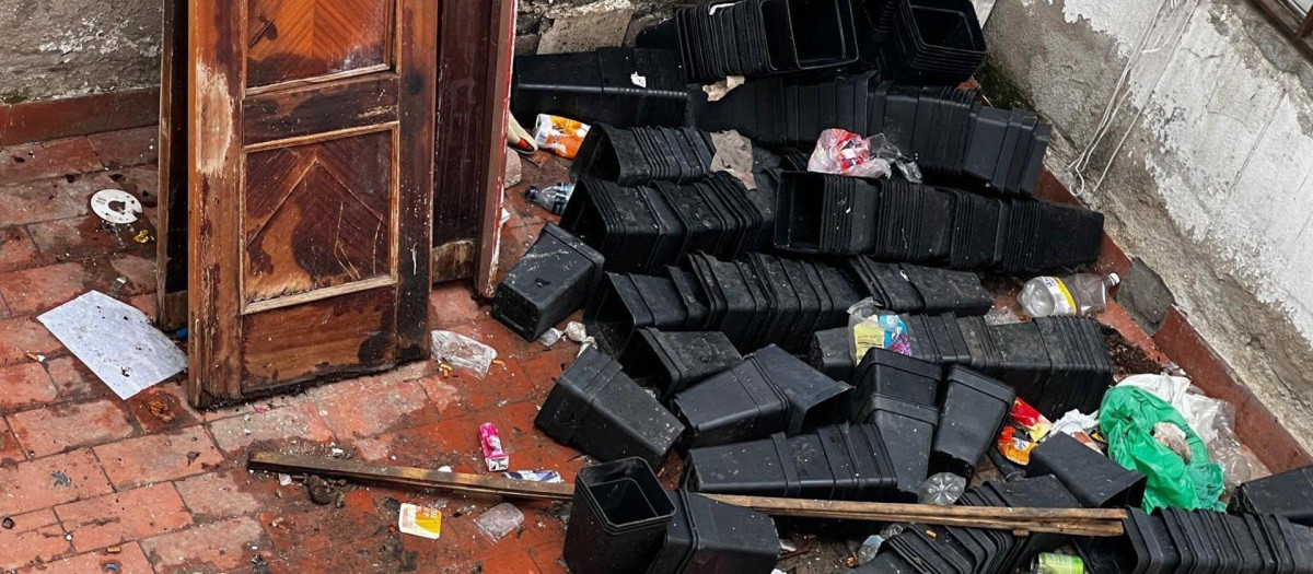 Macetas de una plantación de marihuana de interior a la que le fue cortado el suministro eléctrico por enganche ilegal a la red