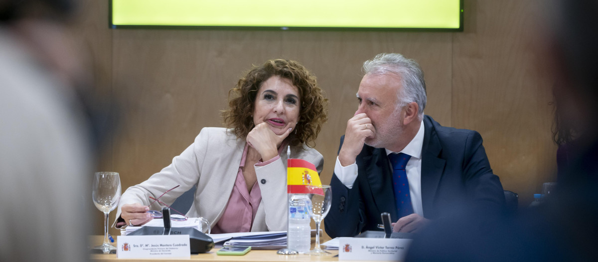 La vicepresidenta primera y ministra de Hacienda, María Jesús Montero, y el ministro de Política Territorial y Memoria Democrática, Ángel Víctor Torres, durante la reunión del Consejo de Política Fiscal y Financiera (CPFF)