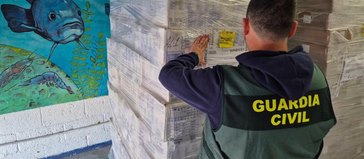 Agente de la Guardia Civil con los alimentos intervenidos