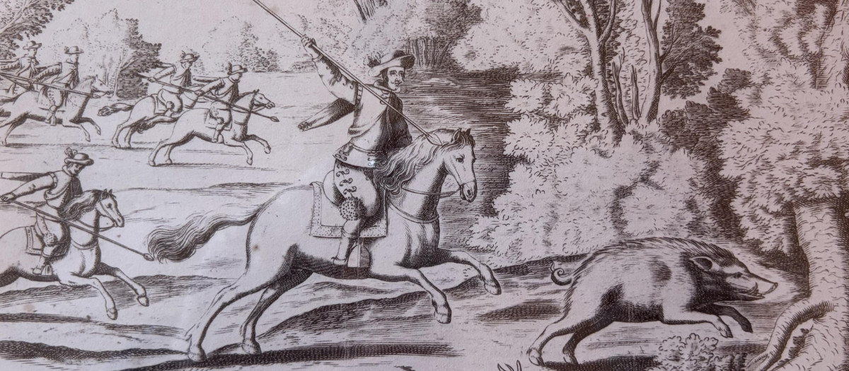 Grabado del libro 'Origen y dignidad de la caza' de Juan Mateos, Madrid 1634