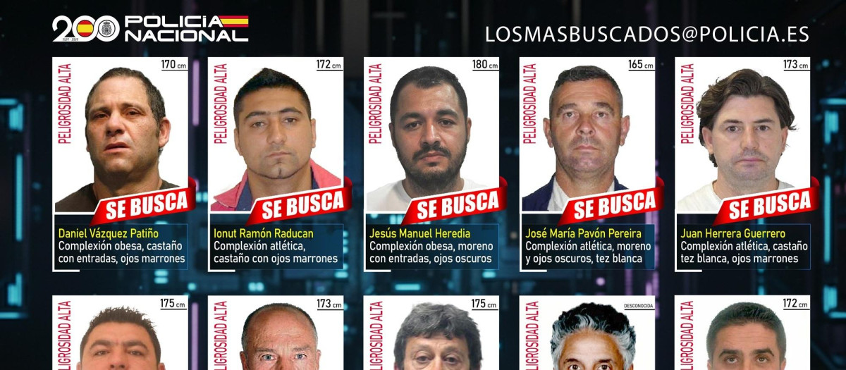 Los diez fugitivos más buscados en España y para los que la Policía Nacional pide la colaboración ciudadana.

REMITIDA / HANDOUT por POLICÍA NACIONAL
Fotografía remitida a medios de comunicación exclusivamente para ilustrar la noticia a la que hace referencia la imagen, y citando la procedencia de la imagen en la firma
24/11/2025