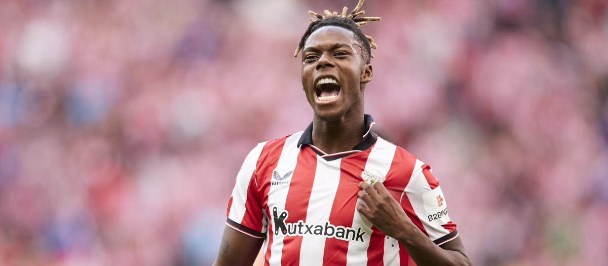 Nico Williams celebra un gol esta temporada en San Mamés