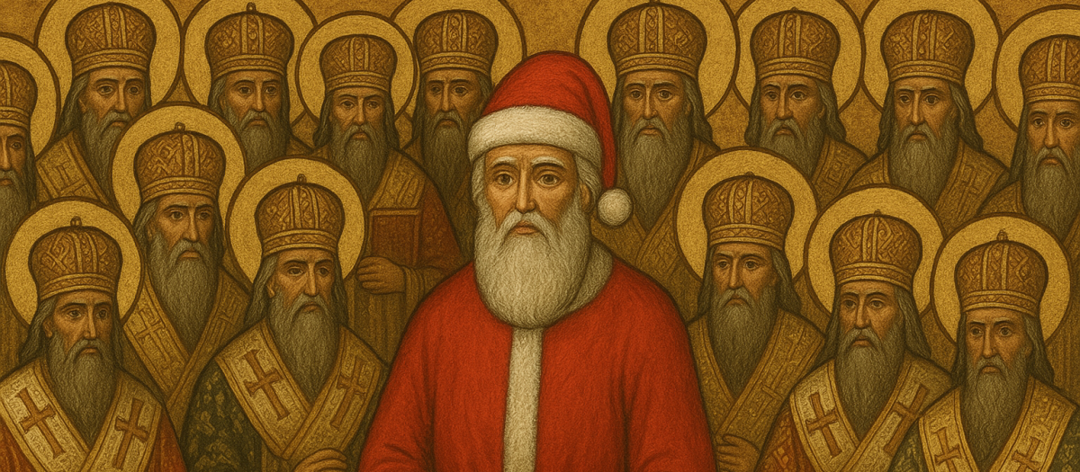 Papá Noel rodeado de obispos