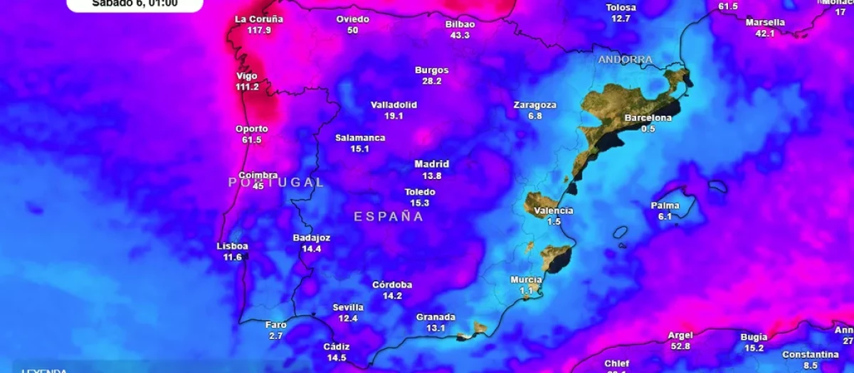Los acumulados pueden pasar de los 100 l/m2, según el modelo europeo