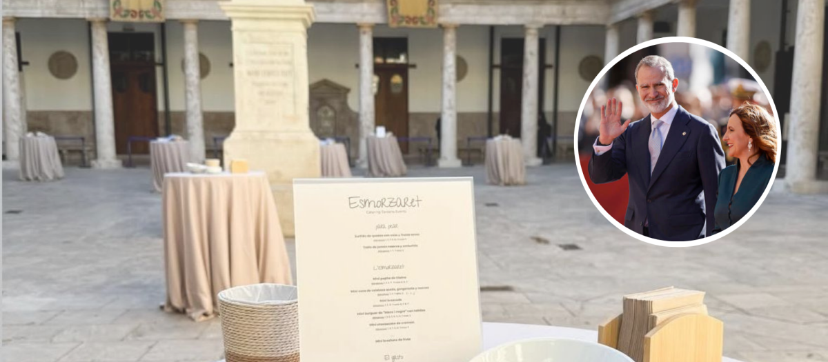 Montaje del cóctel de la Apertura del Curso Académico 2025/2026 y una imagen del rey Felipe VI junto a la alcaldesa de Valencia María José Catalá