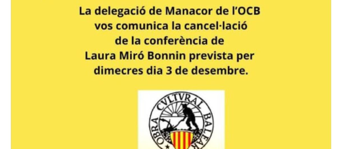 Cartel en que la OCB anuncia la cancelación de la charla sin explicaciones