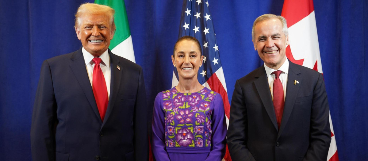 Los presidentes de EE.UU., México y Canadá, Donald Trump, Claudia Sheinbaum y Mark Carney, respectivamente