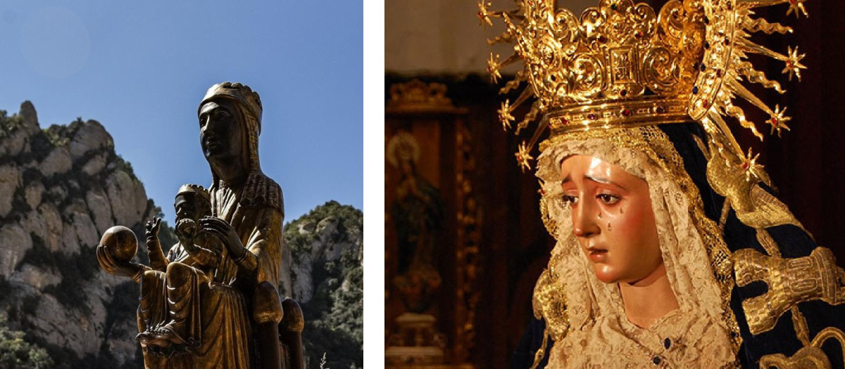 La 'Moreneta' en procesión y la Virgen de Montserrat de Sevilla, en sendas imágenes de archivo