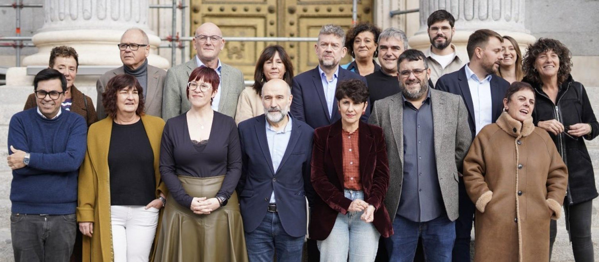 Imagen de la diputada de Compromís Àgueda Micó junto con cargos de ERC, Bildu, BNG, Comuns y Més per Mallorca ante el Congreso de los Diputados.