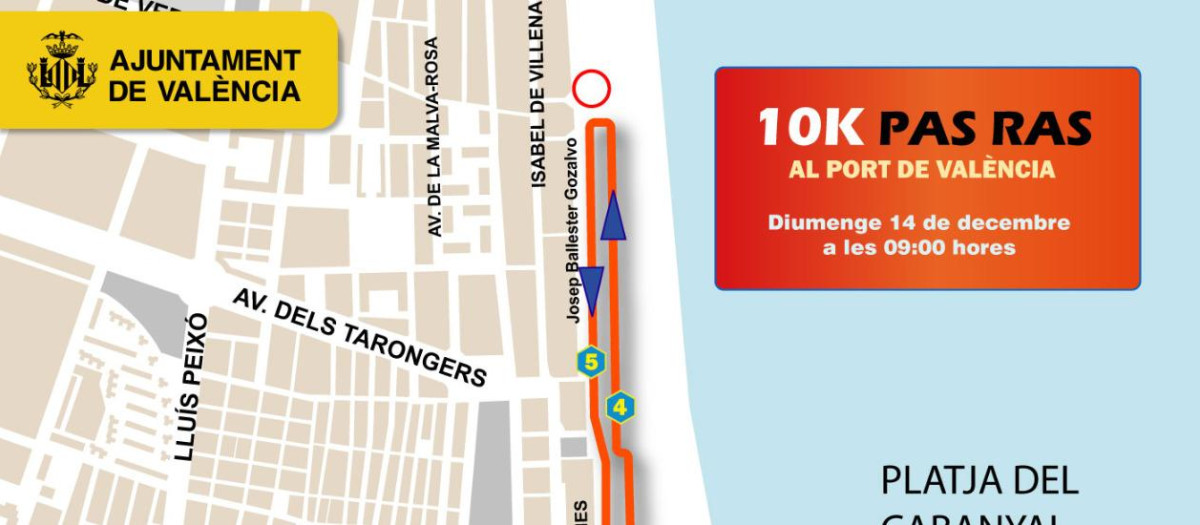 Imagen del recorrido de la 10k Pas Ras al Port de Valencia