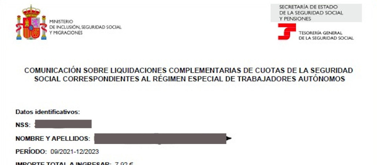 Documento de cobro de la Seguridad Social a los agrarios