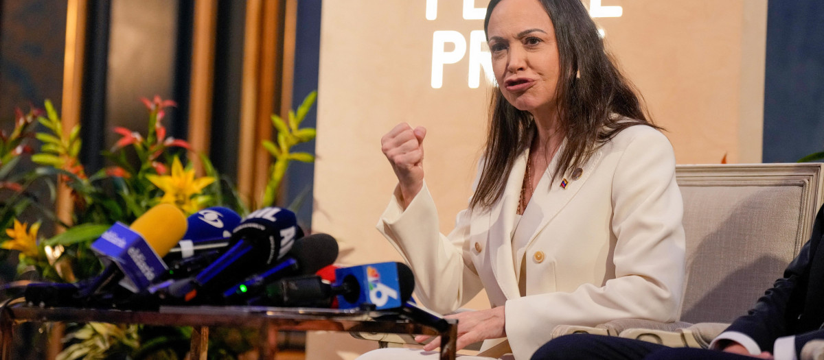 María Corina Machado, en una rueda de prensa en Oslo