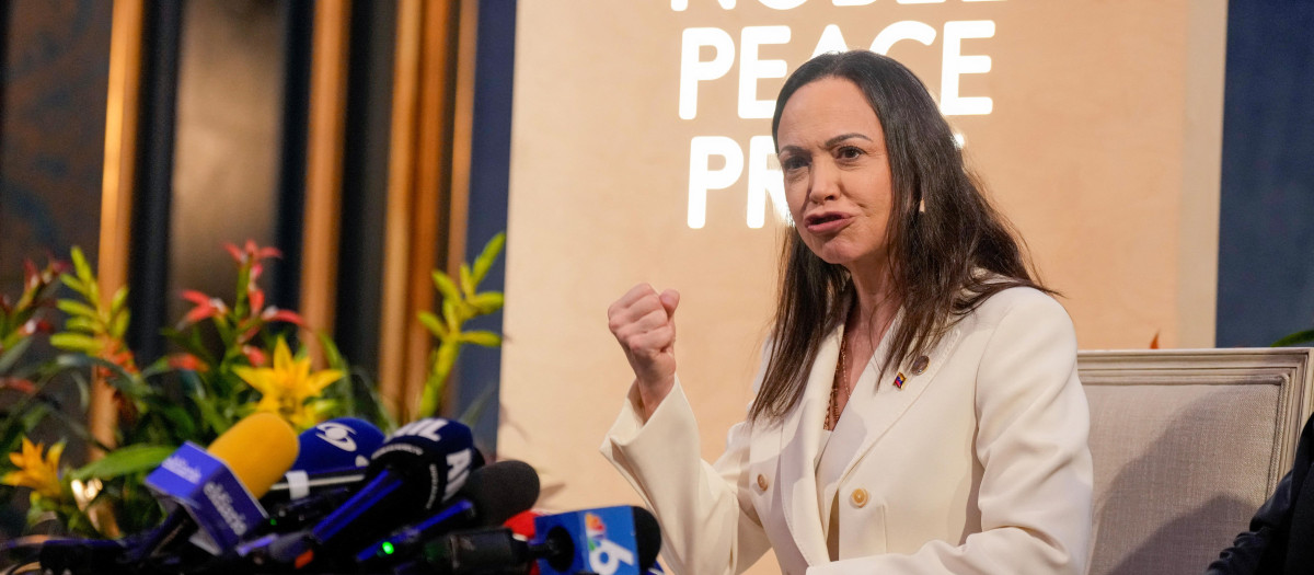 María Corina Machado, en una rueda de prensa en Oslo