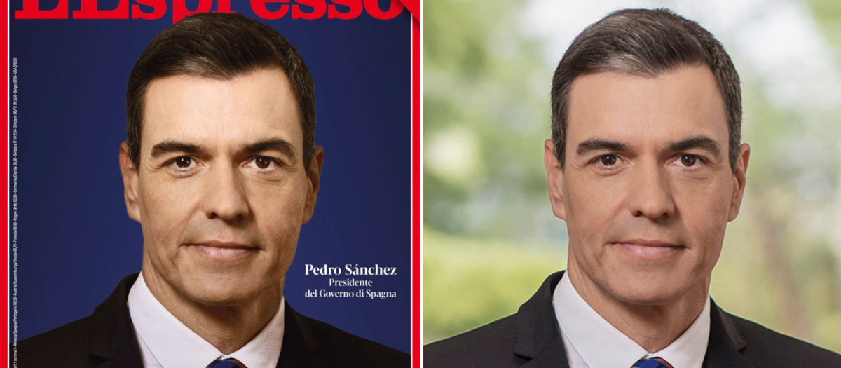 La portada del semanario italiano L'Espresso, y la imagen oficial de Pedro Sánchez en Moncloa, de hace dos años
