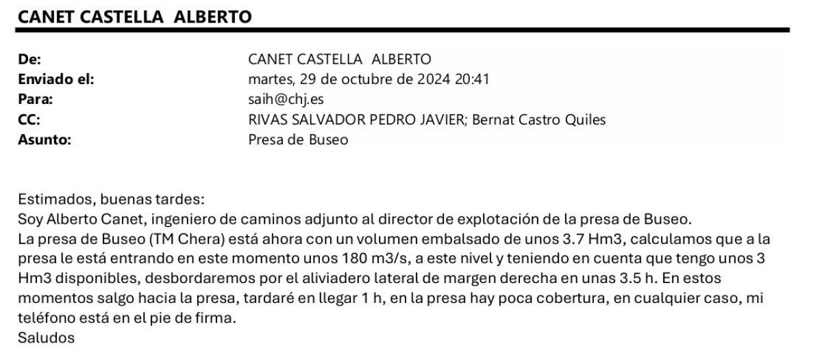 Correo electrónico mandado por la empresa explotadora de la presa de Buseo a la CHJ a las 20:41 horas el día de la dana