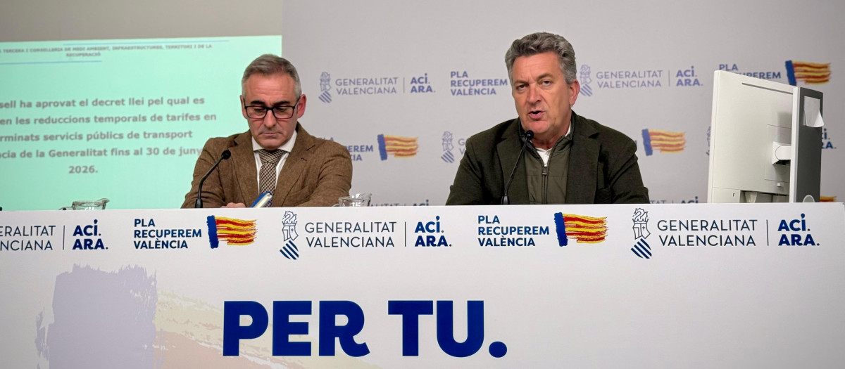 Imagen del portavoz del Consell Miguel Barrachina y del conseller para la Recuperación y de Medio Ambiente, Infraestructuras y Territorio, Vicente Martínez Mus.