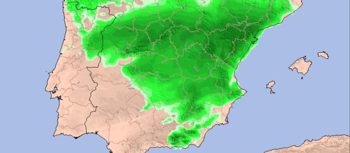 Mapa de ECMWF con zonas en las que se prevé nieve para empezar el año 2026.