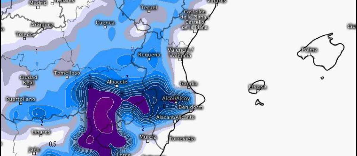 Imagen del modelo de predicción del tiempo estadounidense GFS pronosticando nevadas en la Comunidad Valenciana