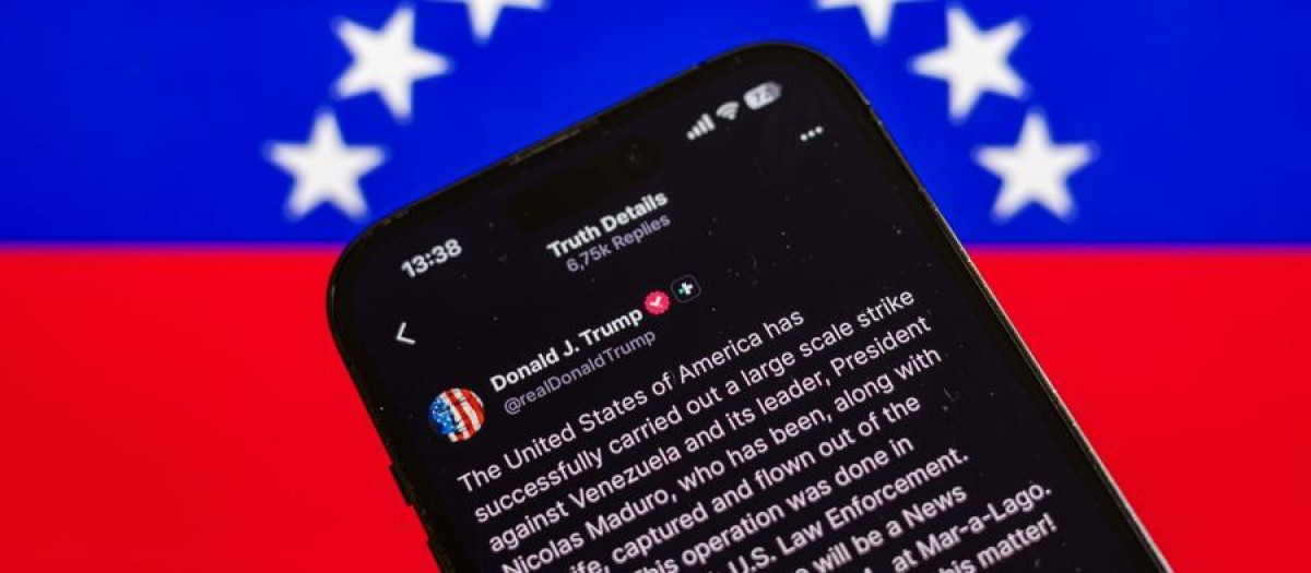 Ilustración de una declaración del presidente de Estados Unidos, Donald Trump, publicada en su perfil de Social Truth, con la bandera venezolana de fondo.