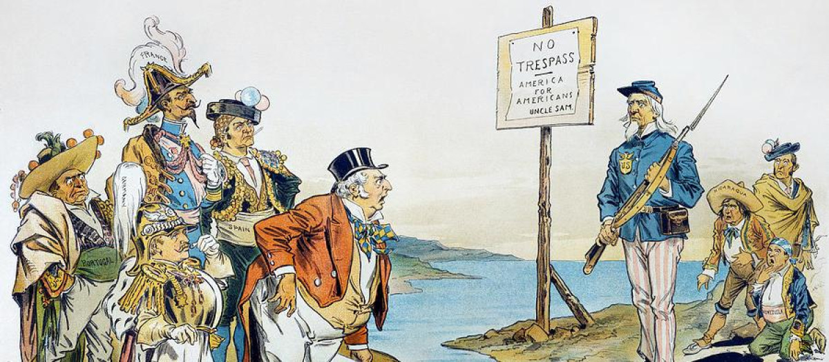 Caricatura política de Victor Gillam de 1896 que representa al Tío Sam de pie con un rifle entre los europeos y los hispanoamericanos