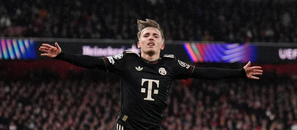 (Foto de ARCHIVO)
26 November 2025, United Kingdom, London: Bayern Munich's Lennart Karl celebrates scoring his side's first goal during the UEFA Champions League soccer match between FC Arsenal and Bayern Munich at Emirates Stadium. Photo: John Walton/PA Wire/dpa

26/11/2025 ONLY FOR USE IN SPAIN